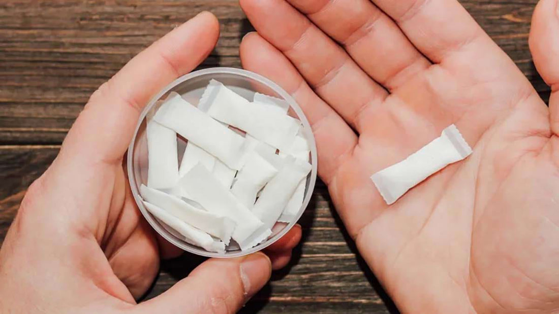 Hands holding a tin of nicotine pouches