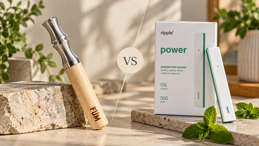FÜM vs. Ripple+ nicotine-free devices beside an ARRØ vape