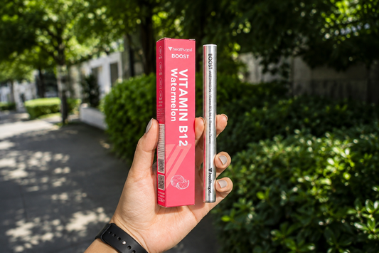 Person holding a HealthVape nicotine-free vape pen while reading HealthVape reviews online