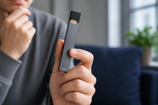 Person holding a JUUL device wondering how many puffs are in a JUUL pod