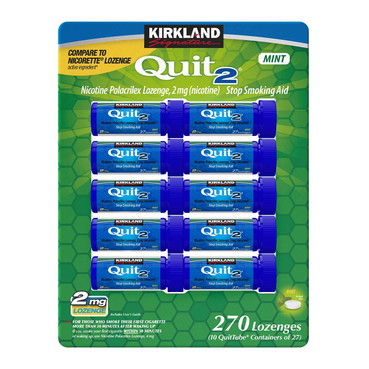Package containing 10 Kirkland Signature Quit nicotine lozenge containers