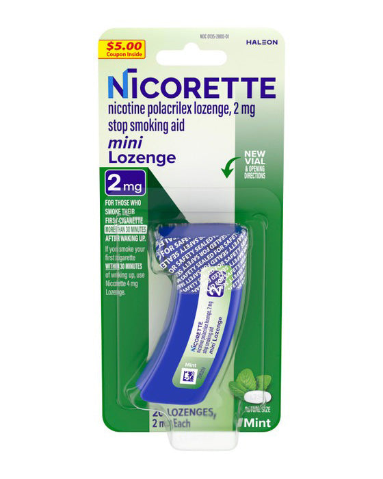 Container of Nicorette 2 mg mini lozenges